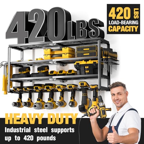 YYR 4 Layer Power Tool Organizer Wall Mount, Cordless Drill Hanger Storage Rack, Battery Tools Holder with Charging Station Shelf for Garage Organization, Workshop, Pegboard, Shed - 32 Inch 8 Slots - Image 4