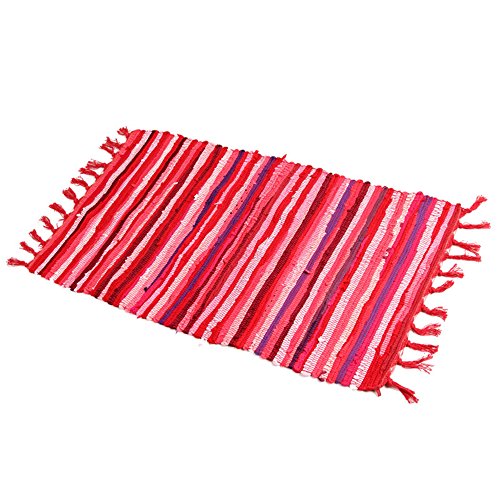 Tappeto di straccio, lavabile in lavatrice, reversibile, in cotone, tessuto a mano, multicolore, a righe, per camera da letto, soggiorno, cucina e lavanderia (71 x 119 cm, rosso)