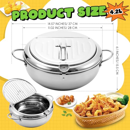 Reallnaive 4.4 Qt (4.2 L) Deep Fryer Pot 304 Stainless Steel Tempura Frying Pot with Lid and Oil Drain Rack Japanese Deep Fryer Pan with Temperature Control for Kitchen French Fries, Chicken