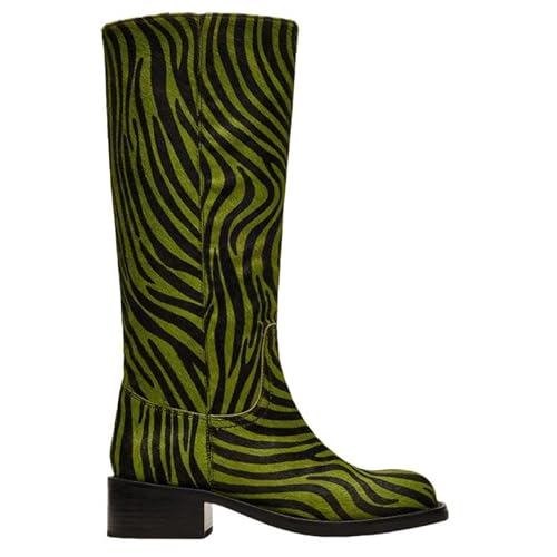 UniqueStride Women Knee High Boots Round Toe Low Chunky Heel Pull On Fashion Tall Moto Riding Boots(Green Zebra, US size 8)
