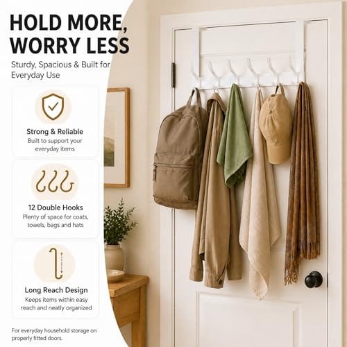 Peasulin Over The Door Hooks, Door Hanger with 12 Coat Hooks, 7.4" Extended Arm Over Door Towel Rack, Aluminum Alloy Rust-Proof, No Drilling, for Bathroom Bedroom Closet Entryway (White) by Peasulin - Image 5