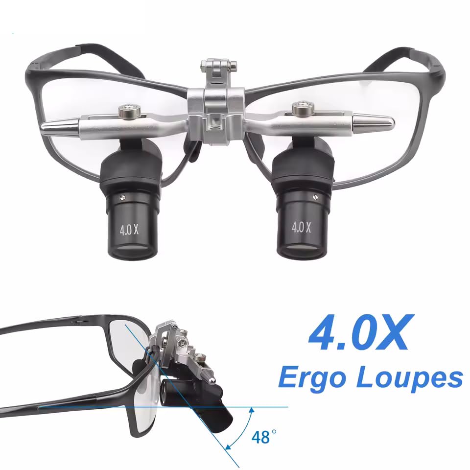 4-fache 48 ° Ergo-Lupe, ultraleicht, optische Lupe, aufklappbar, verstellbarer Arbeitsabstand 350–450 mm, für zahnärztliche, medizinische und ergonomische Fernglaslupen