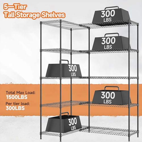 Image of M MZG 5 Tiers Storage Shelves Load 1500LBS, Metal Shelving Wire Metal Shelving Unit Shelves for Storage Adjustable Garage Shelving for Pantry Kitchen Garage Black 15.8 inch D x 33.5 inch W x 70.5 inch H