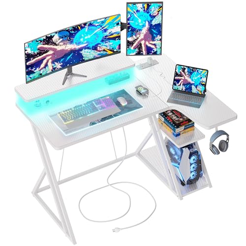 BEXEVUE L Shaped Gaming Desk with LED and Power Outlet, 100x70 cm RGB Computer Desk with Carbon Fiber Desktop Gaming PC Desk with Head Phone Hook for E-sport Gamer Table, Home Office desk, White