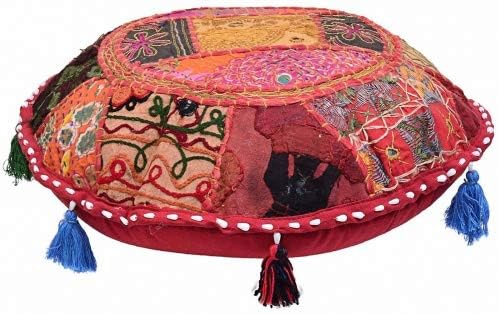 Sophia Art Round Floor Pillow Cushion Patchwork Pouf Ottoman Vintage Indian Foot Stool Bean Bag Floor Pillow Cover Home Decor Living Room Ottoman Bohemain Pillows (Alteration Multi, 32 Inch)
