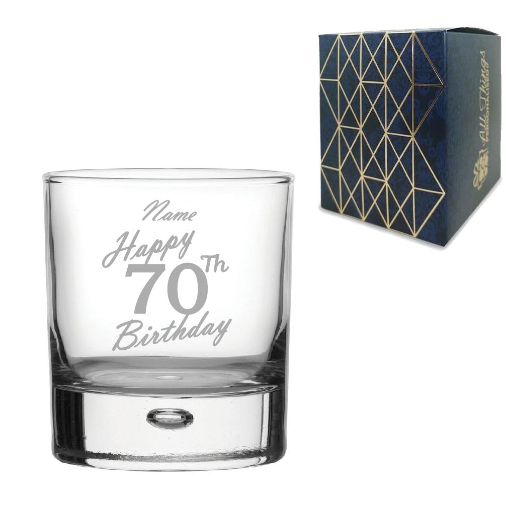 Personalised Engraved Whisky Glass, Happy 70th Birthday Handwritten Design, Bubble Whisky Glass, 11.5oz or 330ml Capacity, Customise with Any Name, Gift Boxed