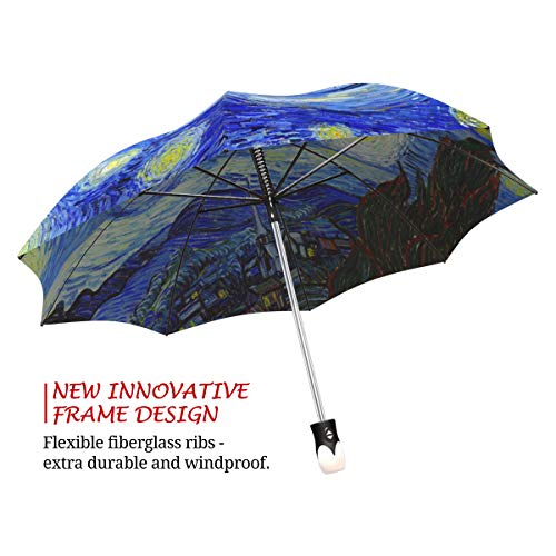 Art Umbrella For Women Men - Designer Parasol Umbrella Auto Open Close - Fashion Umbrella Stylish Gift - Compact Automatic Unique Umbrella Starry Night Design - Vintage Van Gogh Umbrella Travel By Lb #TOP2