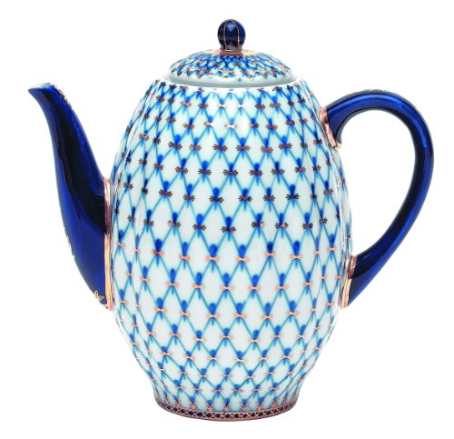 Lomonosov Porcelain Coffee Pot, Tulip, Cobalt Net, 58 Oz