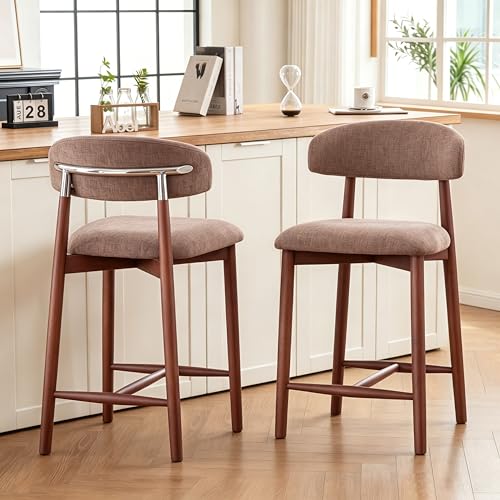 Image of Solid Wood Bar Stools Set of 2,25'' Coffee-Colored Counter Height Bar Stools，Made Solid Wood and Fabric, Ideal for Kitchen Islands and Home Bars