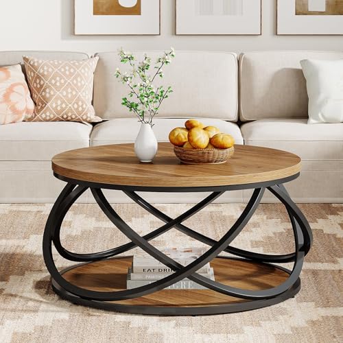 Tribesigns 2-Tier Round Coffee Table, 31.5" Circular Centre Table, Wood Grain Accent Table with Storage Shelf and Cross Metal Frame for Living Room, Small Space, Rustic Brown - Image 8
