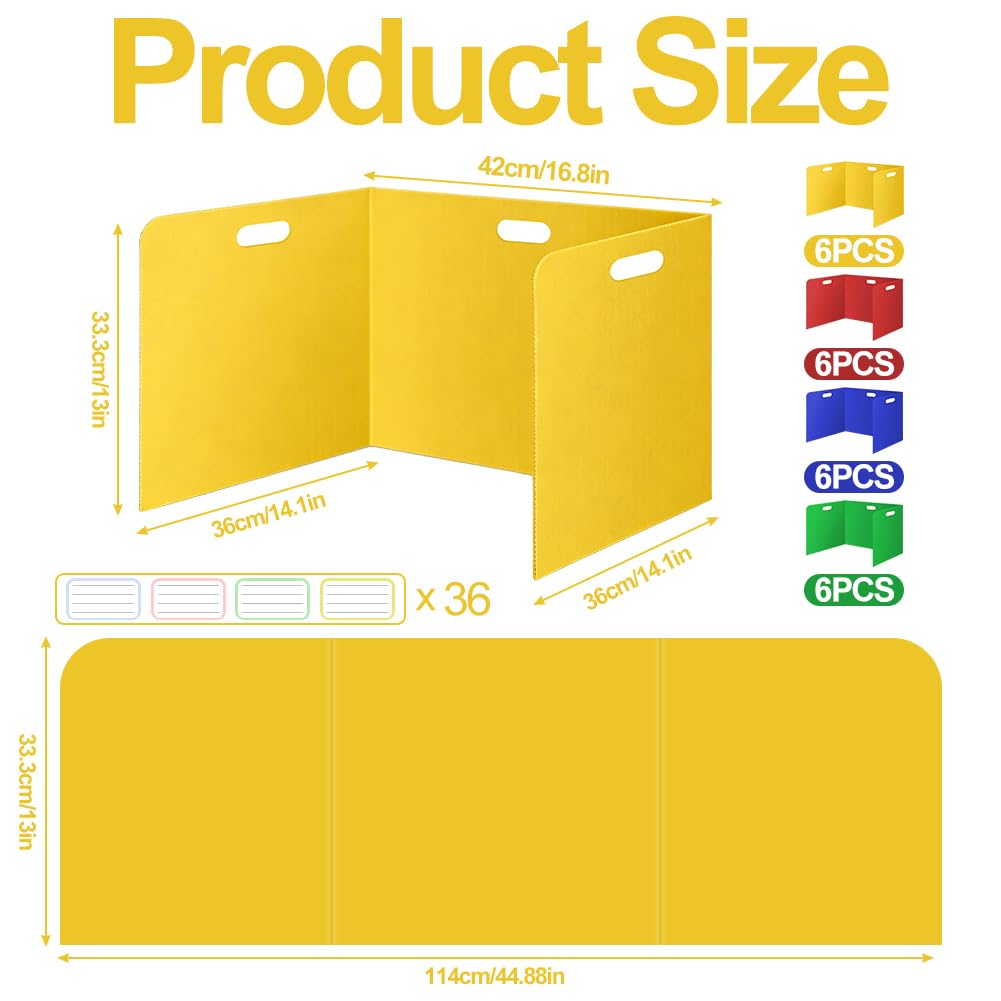 Lot de 24 cloisons de séparation pliables pour bureau avec 72 étiquettes nominatives, portables, multicolores, pare-vue, cloisons étanches, pour l'école, le bureau, la bibliothèque, 42 x 36
