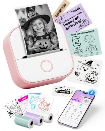 Mini Impresora Termica, T02 Mini Impresora Pegatinas Con 3 rollos papel | Mini impresora etiquetas adhesivas, Mini Etiquetadora Adhesivas Bluetooth para Fotos, Notas de Estudio, Regalo y imágenes
