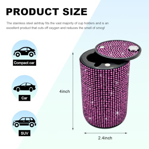 Image of Car Cigarette Ashtray with Lid, Stainless Steel Bling Crystal Diamond Smokeless Fireproof Vehicle Ashtray Holder, Portable Sparkling Ashtray Cup Holder for Car Home Office (Pink)