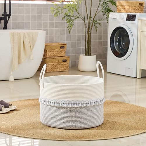 Image of KAKAMAY Cotton Rope Storage Basket (20 inchx13 inch),Woven Hamper for Blankets,Toys,Pillows,Clothes,Laundry,Sturdy Handles Decorative Basket for Living Room, Bedroom,Nursery(Grey /Black)