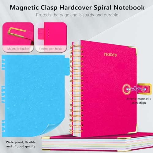Hardcover Spiral Notebook College Ruled, 8"x10" Leather Journal Notebook with Magnetic Closure, 300 Pages 5 Subject Notebook with Dividers Tabs Journal for Women Men, Work, School(Rose Red) - Image 2