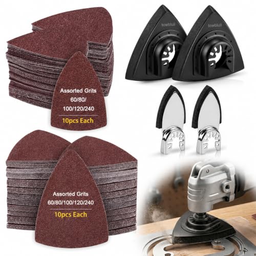 Image of Oscillating Tool Sanding Pad Kit, 106Pcs Multi Tool Sanding Pads with 2 Triangle Sanding Pads, 2 Finger Sanding Pads, 100 Sandpaper Sheets, 60-240 Grit for Wood Metal Plaster Grinding Polishing