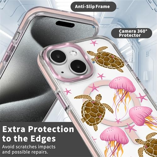 Coque iPhone 14 antichoc magnétique transparente tortue rose - 5