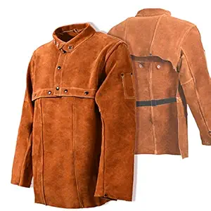 LeaSeek Leather Welding Jacket - Heavy Duty Welding Apron with Sleeve,Heat Flame Resistant Cowhide Weld Coat for Men Women., Brown, X-Large