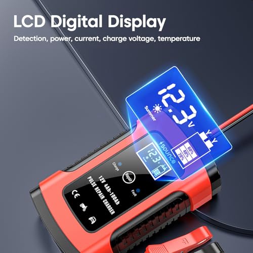 Image of Sounce Fully Automatic 12V 5A Battery Charger & Maintainer Smart Car Battery Charger with Pulse Repair & Intelligent Digital Display EU Plug Compatible with Car, Motorcycle, Lawn Mower & More - Red