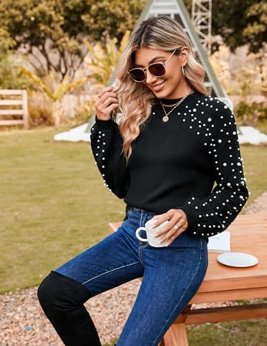 Image of Blooming Jelly Women's Chunky Sweater Crewneck Sweatshirt Knit Lantern Sleeve Oversized Pullover Sweater with Pearls