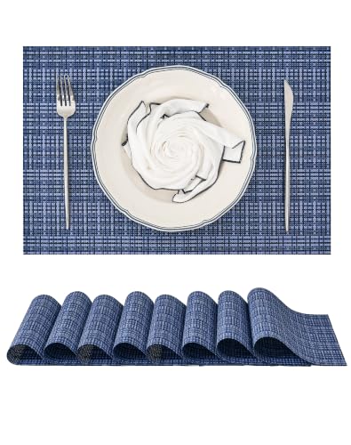 Leetaltree Pixelated Blue Placemats Set of 8, Washable Woven Vinyl