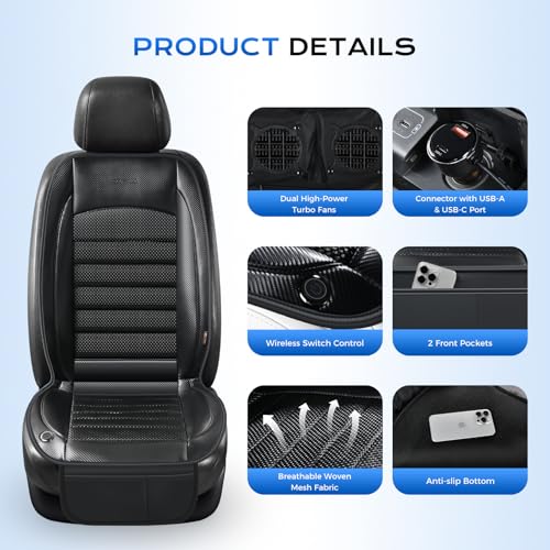 Image of Coverado Cooling Car Seat Cover, Ventilated Seat Cushion for Summer, Cooling Car Seat Pad with Dual Powerful Turbo Fans Universal Fit for Sedan SUV Truck Van, Black