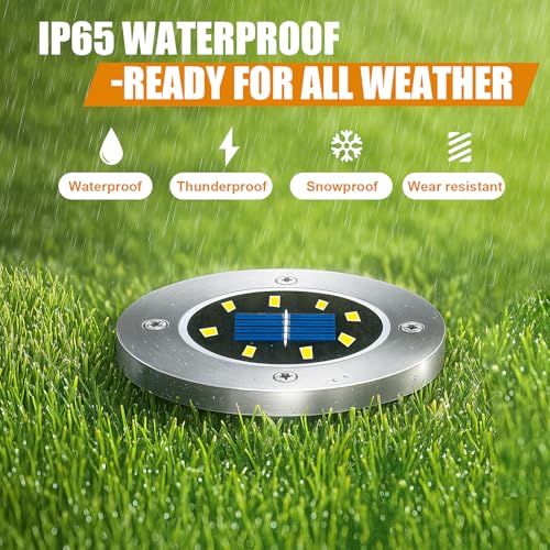 Solar Lights Outdoor Garden,6 Pack Solar Ground Lights,Ip65 Waterproof Garden Lights,Solar Fence Lights Ground Disk Decking Solar Powered for Pathway Patio Yard Lawn Driveway Walkway(Warm White) - Image 3