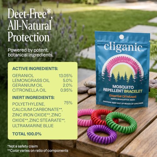 Image of Cliganic 10 Pack Mosquito Repellent Bracelets for Adults & Kids (Rainbow Colors) - Natural DEET-Free Bands, Individually Wrapped