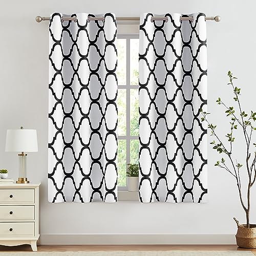 Melodieux Moroccan Printed Room Darkening Blackout Grommet Curtains for Bedroom Small Windows, 42 by 45 Inch, Off White/Black (2 Panels)