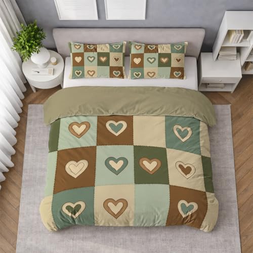 Générique Géométrie Cœur Blocs Parure de Lit 180 X 220 cm, Housse de Couette Tons de Terre, Ensemble de Literie en Microfibre Douce, avec Fermeture...