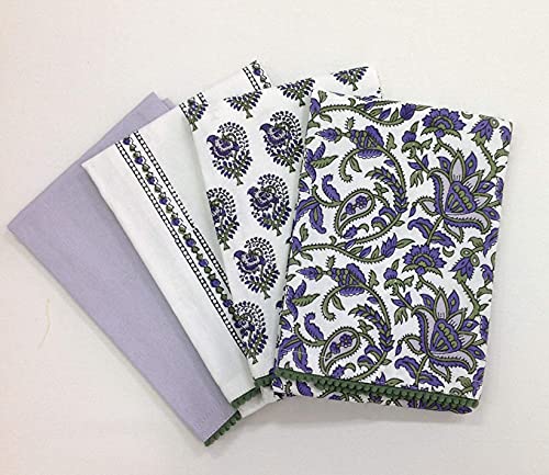 Taran Living Tea Towels For Kitchen, Block Print White & Lilac Dish Towels For Kitchen, Kitchen Towels, Wash Clothes, Cotton Dishcloths For Kitchen, Bar Towels Printed Floral 18"X28" Pack Of 4 #TOP2