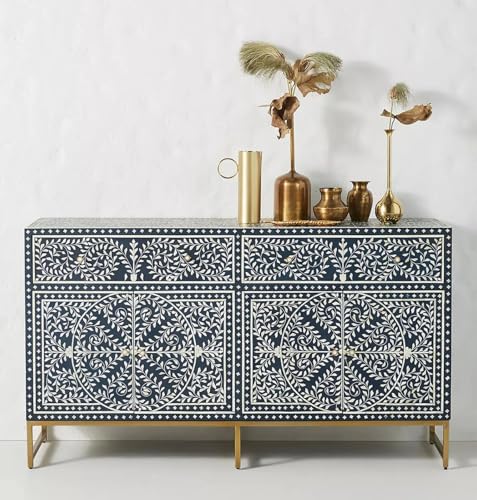 Bone Inlay Sideboard – 2 Drawer 4 Door Cabinet, Blue Colour, Handmade Storage Buffet, W167 x D43 x H85 cm