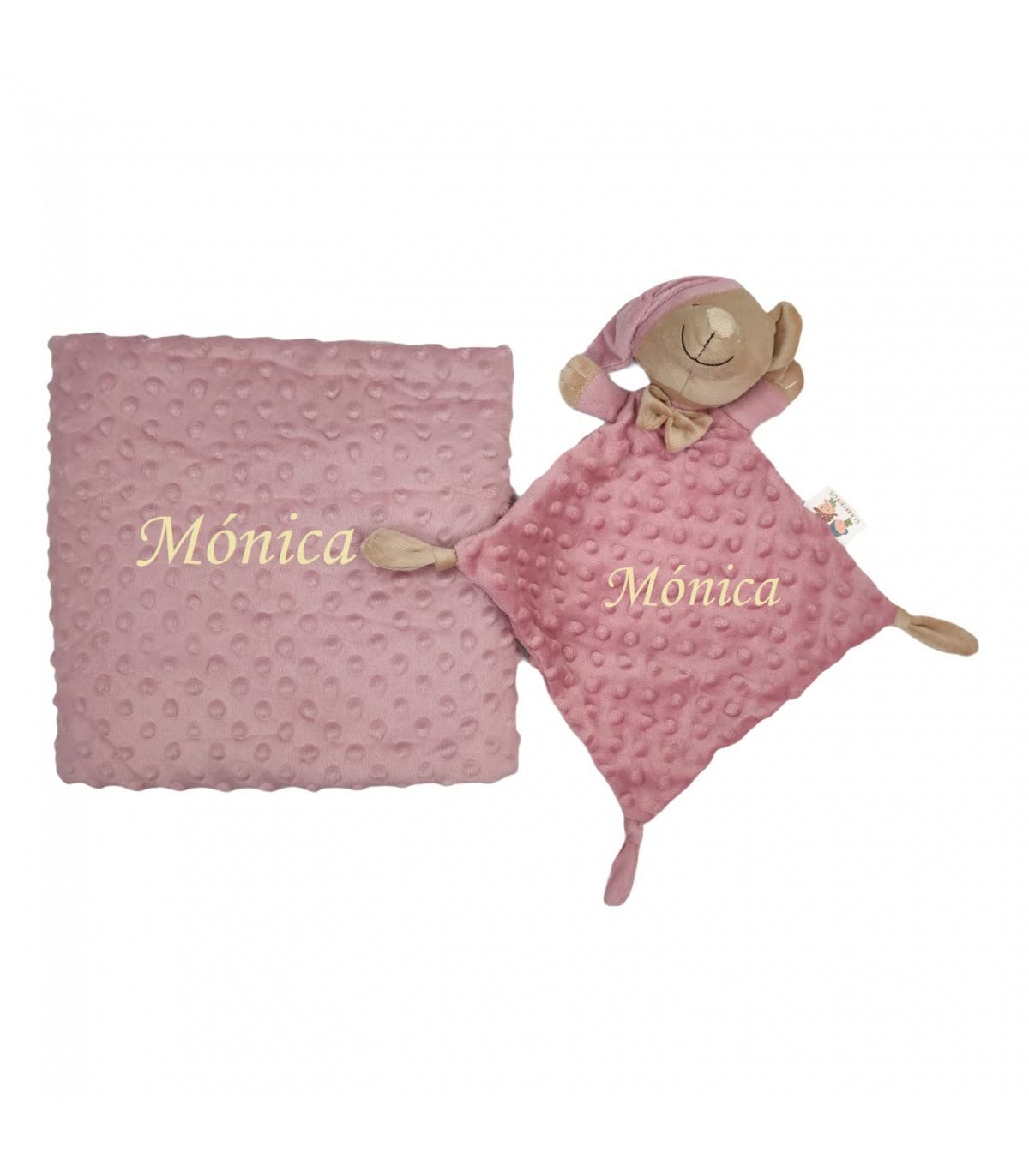 Set personalizzato con il nome ricamato: Copertine Avvolgenti Bebè 80x110 cm + Doudou 25x25 cm. Tatto di velluto. - Regali per neonati. (Rosa Cipria)