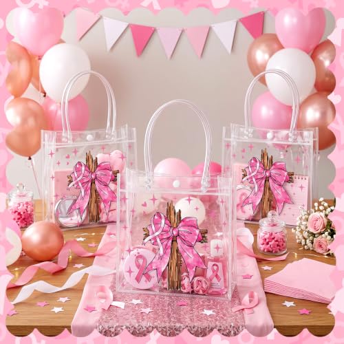 Image of Teenyyou 24 Pcs Breast Cancer Awareness PVC Gift Bags, Christian Bible Verse Romans 12: 12 Inspirational Treat Bags, Pink Ribbon Faith Goodie Containers for Breast Cancer Charity Party Favors