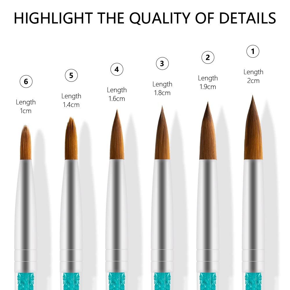 N/A 6 Pz/set Spazzola per Unghie in Nylon per Capelli Manico in Strass Blu Kolinsky Pennello in Acrilico Penna per Gel per Unghie Costruttore Intaglio Punteggiatura Disegno WolFums
