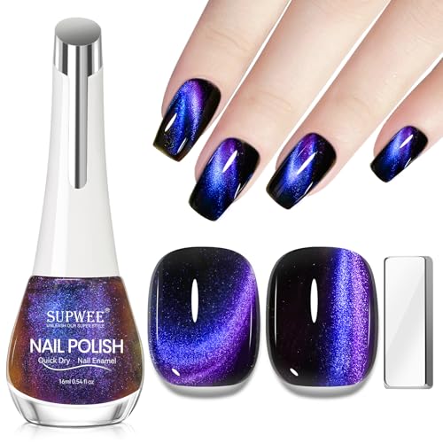 SUPWEE 9D Magnetic Nail Polish Non Gel - Need to Use Black Base Cat Eye Nail Polish with Magnet Quick Dry Holorgraphic Fingernail Lacquer Air Fast Drying Galaxy Manicure For Women Girls 16ml/0.54 oz