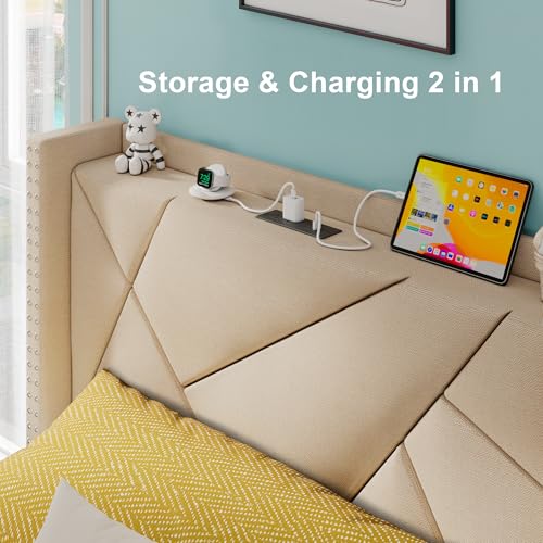Feonase Upholstered Storage Bed Frame Twin Size with 4 Drawers, Platform Bed with Charging Station & Wingback Headboard, Solid Wood Slats Support, Beige