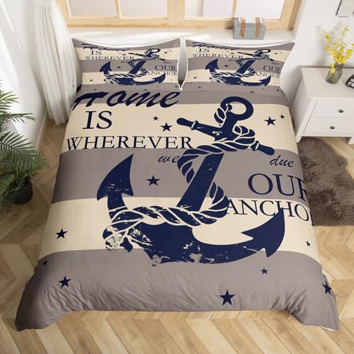 Manfei Anchor Duvet Cover Set Queen Size Nautical Bedding Set 3pcs for Kids Boys Teens Ship Anchor Chain with Lines Comforter Cover Sea Sailing Theme Quilt Cover with 2 Pillowcases (No Comforter)