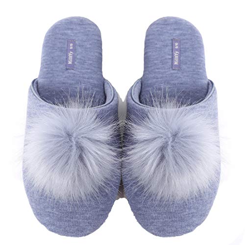 Millffy Women's Cozy House Slippers Fluffy Faux Fur Ball Comfy Slides Bedroom Home Cotton Knit Slippers