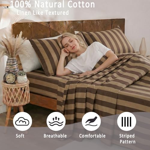Image of Merryword 100% Cotton Sheet Set Queen Size - Brown and Khaki Stripes Bedding, Soft Breathable Percale Weave, Wide Stripe Deep Pocket Sheet 17.5 inch, Luxury Linen Like, 4-Piece All Season Bedding