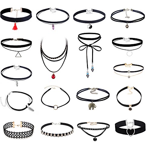 Mingjun Lot de 18 réglable gothique Tatouage ras du cou en velours Ensemble collier noir en dentelle stretch Charm Chaîne pour les femmes et les filles
