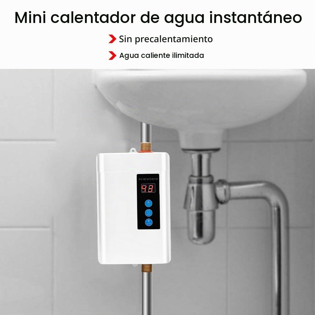 Calentador de Agua Instantáneo, Mini Pantalla Táctil LCD Calentador de Agua eléctrico sin Tanque Calentador de Agua de Control Remoto Máquina de Calentamiento de Agua para El Hogar(Blanco UE 4000W)
