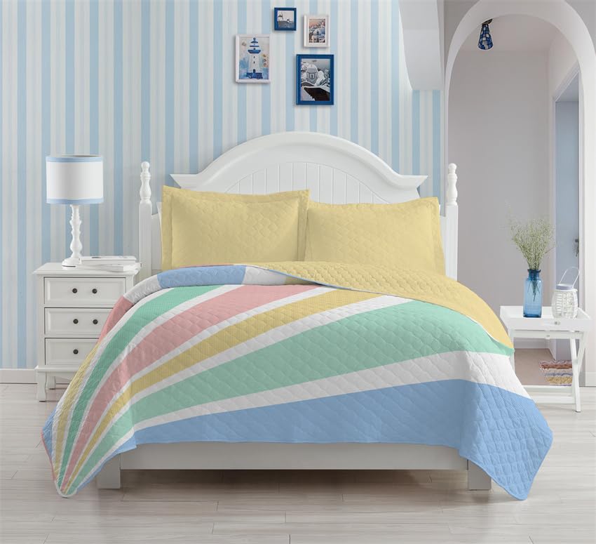 Housse de couette 240x260 rayures colorées en microfibre douce avec taies d'oreiller