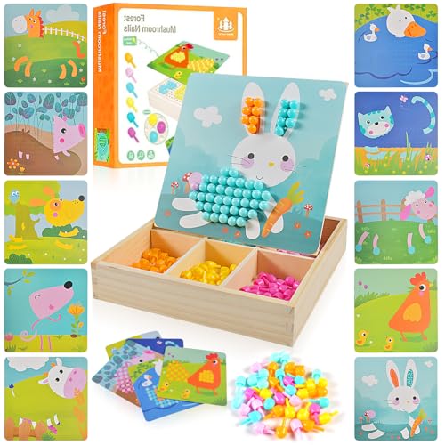 Juego de mosaico enchufable, rompecabezas creativo de setas para niños de 2, 3, 4 y 5 años, con 240 clavijas de setas y 10 tableros enchufables de colores, juguete educativo creativo (granja)