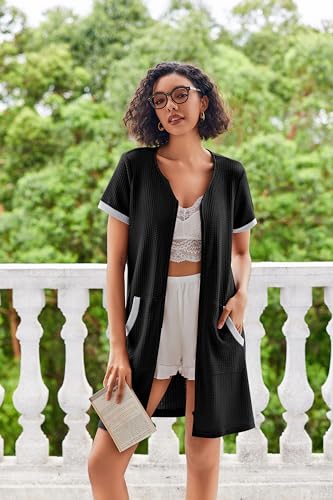 Image of Ekouaer Women Zipper Robe Waffle Short Sleeve Bathrobes Lightweight Knee Length Housecoat with Pockets S-3XL