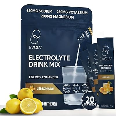 EVOLV Electrolytes Powder Packets Electrolyte Packets with Palatinose, Sodium & Minerals Instant Hydration Drink for Recovery, Non-GMO Hydration Sticks for On-The-Go Use (Pack of 20) - Lemonade