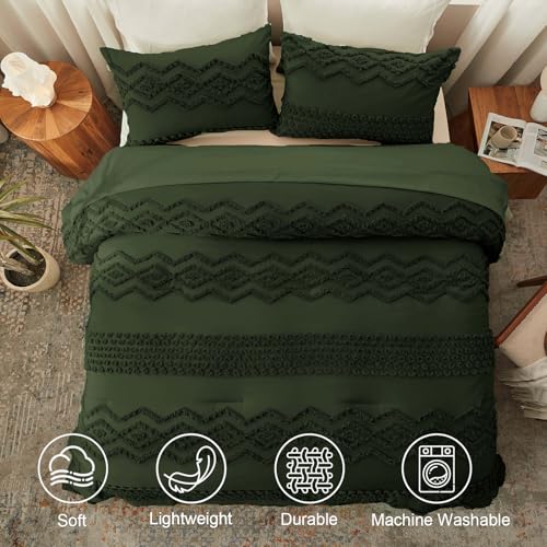 Image of Luxudecor Olive Green Boho Tufted Comforter Set King Size 3 Pieces Boho Shabby Chic Comforter Farmhouse Embroidery Bedding Set Soft Comforter for All Seasons (Olive Green, 104''x90'')