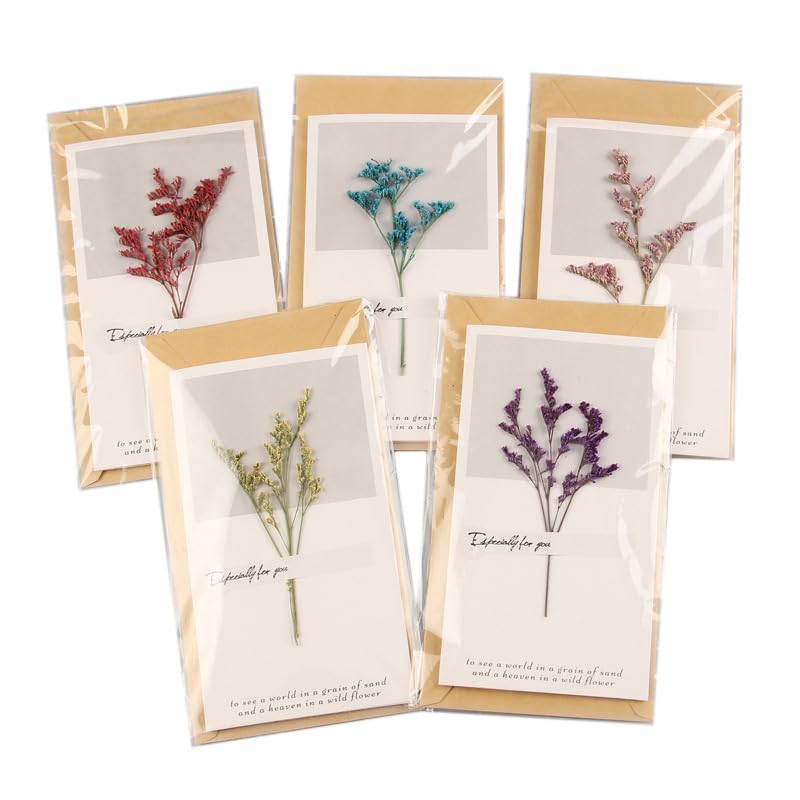 5PCS Handmade Dried Flowers Greeting Cards with DIY Blank Handmade Gift Cards,Brown Retro Kraft Paper Envelopes,for Wedding,Birthday,Gift Card Invitation Wish Card