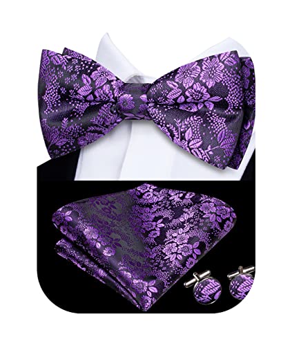 Image of Hi-Tie Bow Ties for Men Pre-Tied Pocket Square with Cufflinks Mens Bowtie Sets for Wedding Formal Party