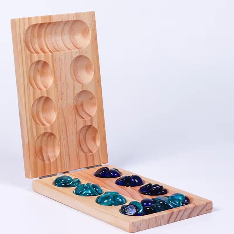 TOYARTSY Wooden Mancala Board Game Set, Traditional Strategy Game with Stones, Foldable Bamboo Board 3